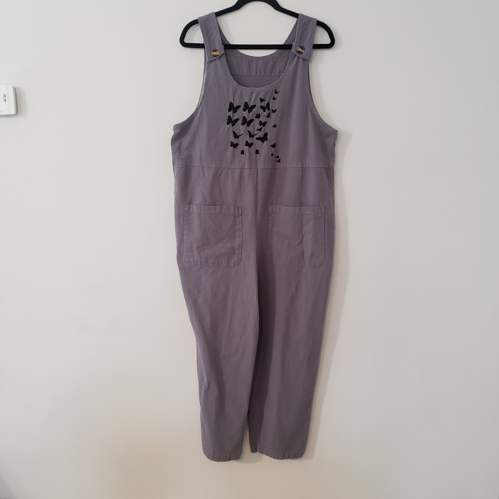Embroidered Butterflies Overalls Jumpsuit LARGE Slouchy Boho Pockets Casual Gray